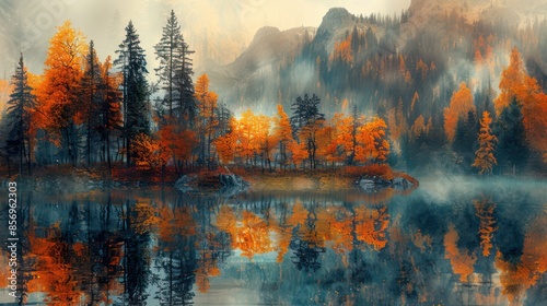 A breathtaking view of an autumn forest with vibrant orange and yellow foliage, reflected perfectly in a serene lake, surrounded by misty mountains and evergreen trees. photo