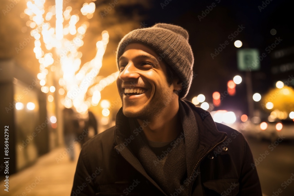 laughing young man in trendy hats with unfocused street lights at night in the city laughing young man in trendy hats with unfocused street lights at night in the city