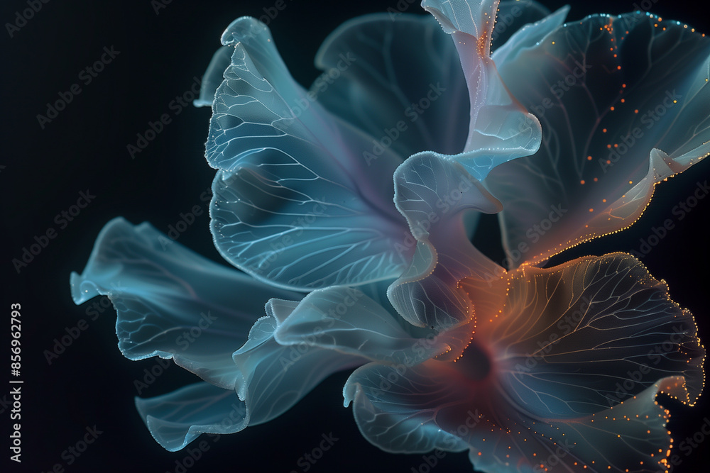 Obraz premium A stunning close-up of an ethereal flower with delicate translucent petals and golden accents against a dark black background.