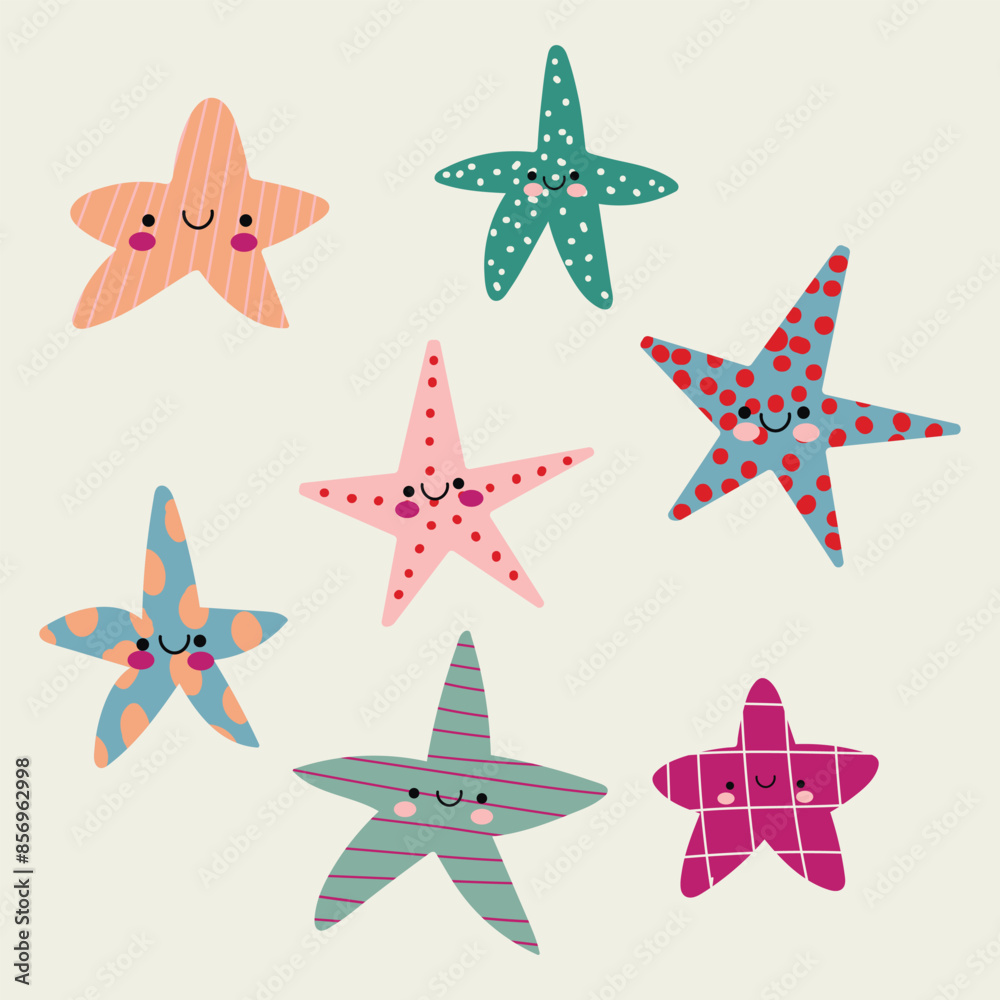Set of cute vector illustrations of starfish.  mollusks and starfish, underwater world set of elements, sea ocean. vector illustration