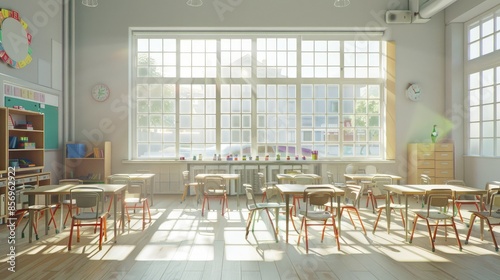 Bright school classroom with all chair facing forward photo