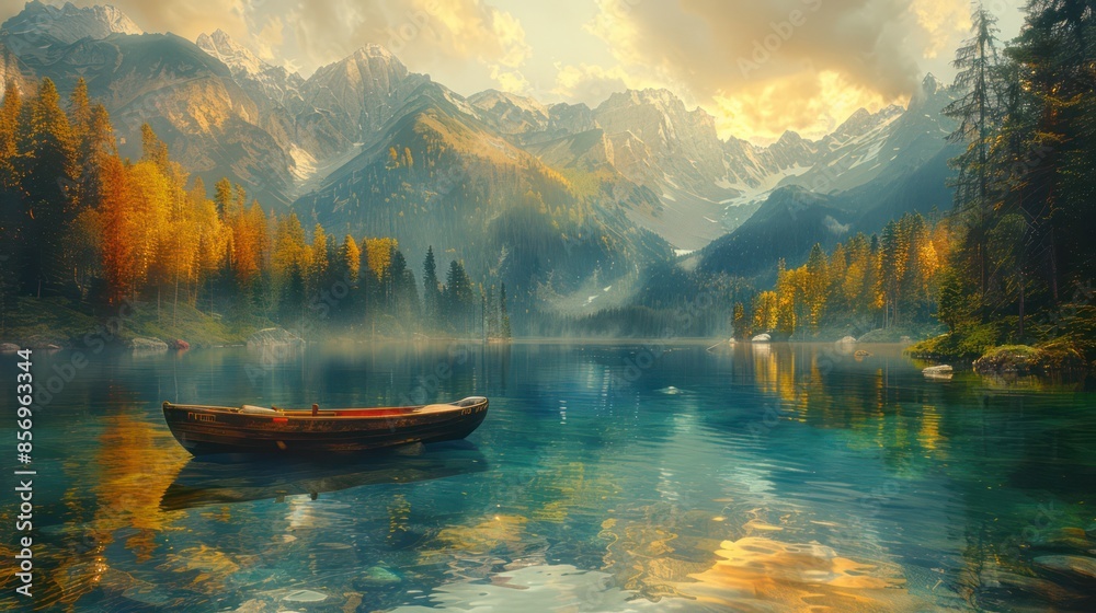 A tranquil lake with vibrant autumn colors in the surrounding trees, set against a backdrop of majestic mountains under a warm, golden sunset sky, reflecting on the water. A tranquil lake with vibrant autumn colors in the surrounding trees, set against a backdrop of majestic mountains under a warm, golden sunset sky, reflecting on the water.