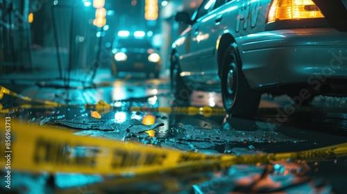 A rainy night scene featuring police cars with flashing lights and yellow caution tape on a city street, capturing the aftermath of an incident or crime scene. photo