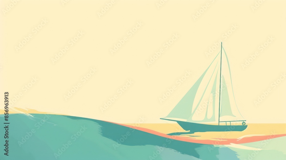 A sailboat navigates gently on a calm sea with a clear sky, depicted in a minimalist artistic style featuring pastel colors suggestive of a serene sunrise scene. A sailboat navigates gently on a calm sea with a clear sky, depicted in a minimalist artistic style featuring pastel colors suggestive of a serene sunrise scene.