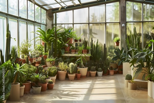 Variety of plants growing in garden center. Large group of pots arranged in plant nursery. Interior of greenhouse © alisaaa