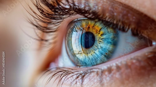 A close-up shot capturing the intricate details and vibrant colors of a human eye, highlighting the blue and golden hues, small red veins, and reflections of light.