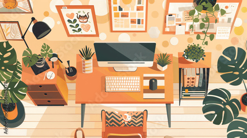 A cozy home office setup seen from above, including a computer, a cat sleeping on a chair.