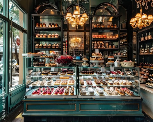 Sophisticated patisserie with a vintage storefront, glass display case, and an exquisite selection of artisanal pastries, perfect for a refined setting