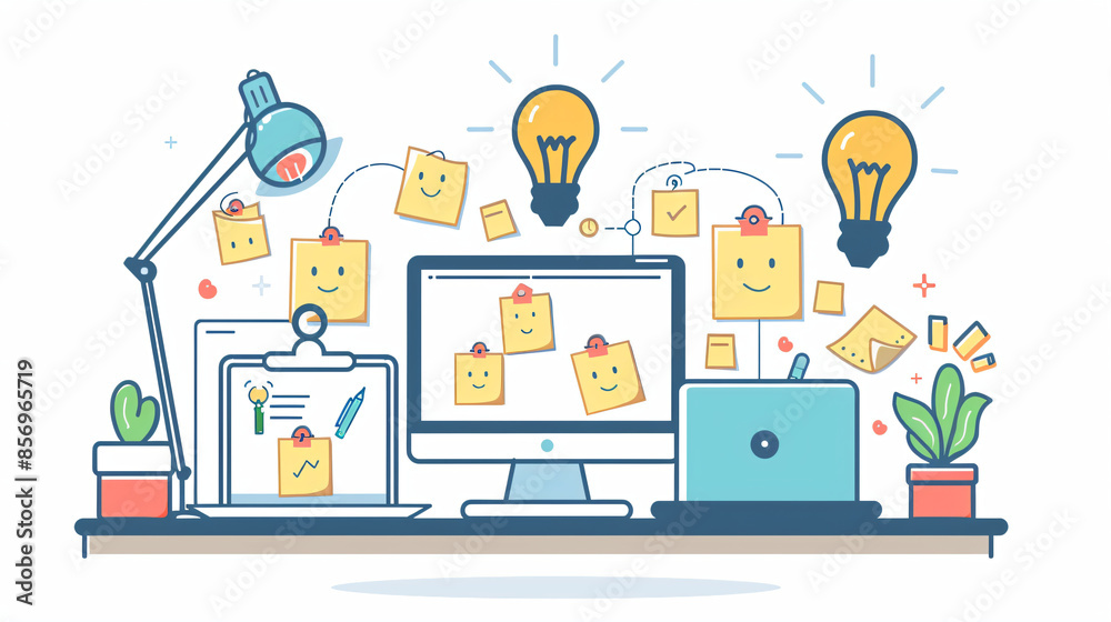 A startup company's workspace, with laptops, sticky notes with smiley faces, and a whiteboard filled with lightbulb icons. A startup company's workspace, with laptops, sticky notes with smiley faces, and a whiteboard filled with lightbulb icons.