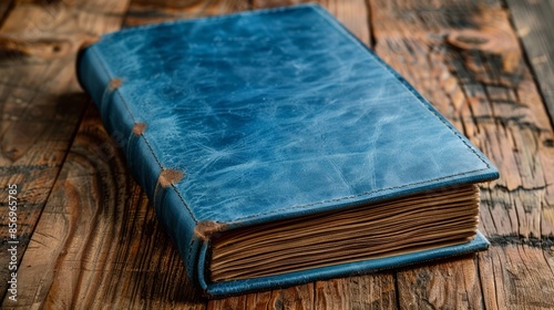 Vintage Blue Leather Book on Rustic Wooden Surface photo