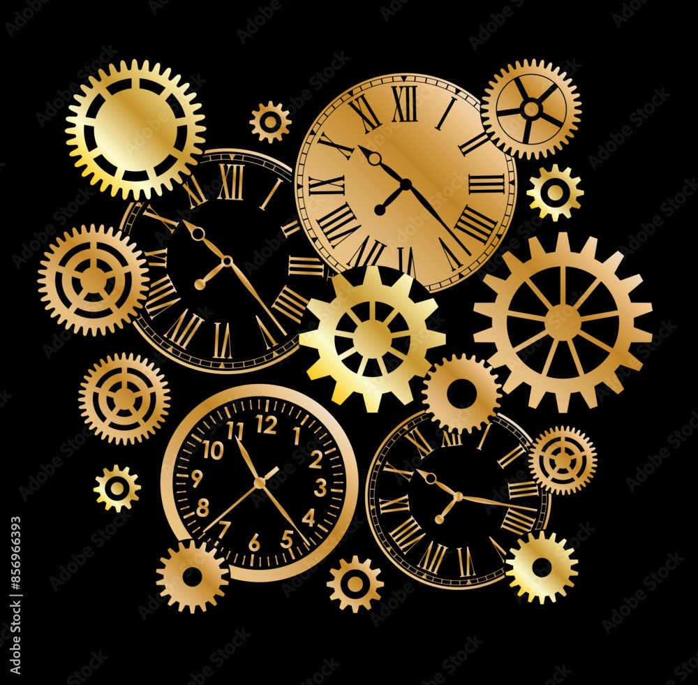 Golg metal clocks and gears and mechanisms on black background Golg metal clocks and gears and mechanisms on black background