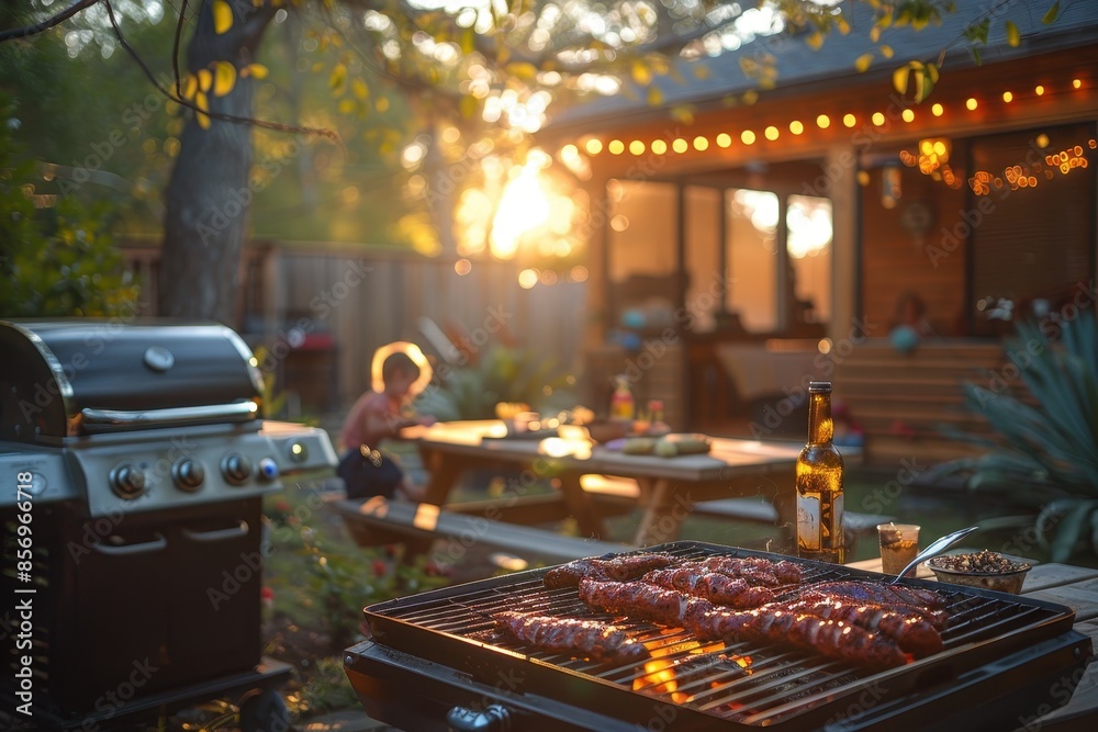 A family enjoying a barbecue in their backyard, with a grill, picnic table, and children playing nearby. A family enjoying a barbecue in their backyard, with a grill, picnic table, and children playing nearby.