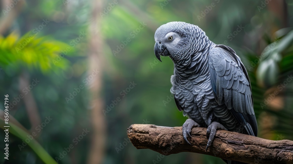 Fototapeta premium African grey parrot perched on a branch in a tropical forest