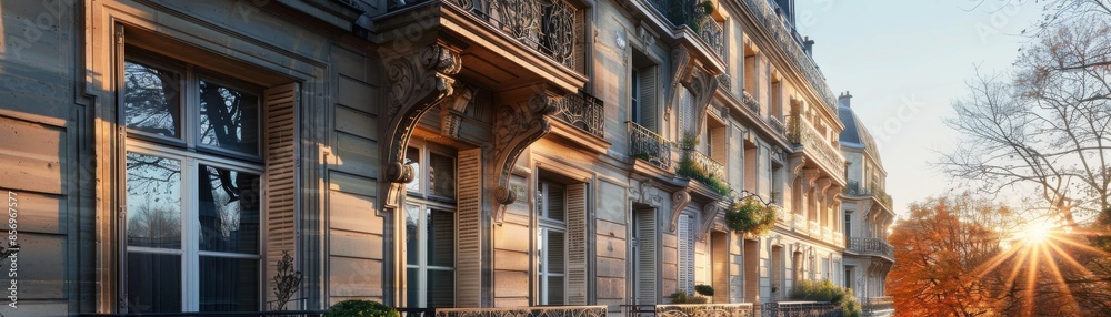 Elegant Haussmannstyle facade with tall windows, ornate wrought iron railings, and a limestone exterior, bathed in golden sunlight