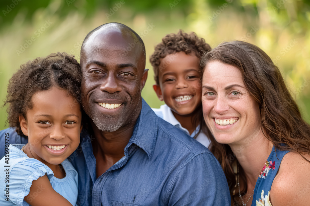 Portrait of a diverse family, parents and kids smiling and hugging in a green park Portrait of a diverse family, parents and kids smiling and hugging in a green park