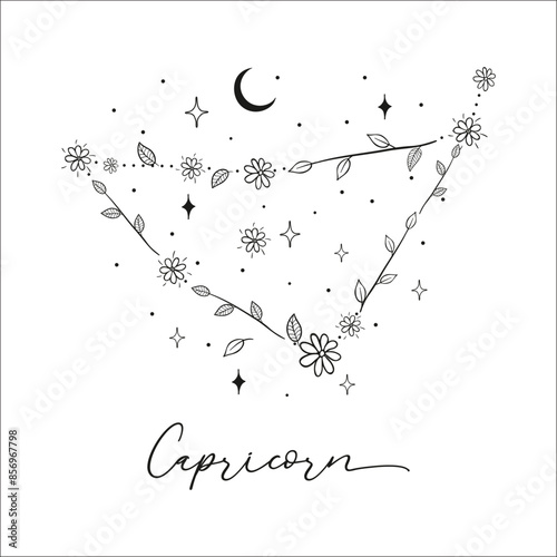 Capricorn constellation with Hand drawn doodle flowers, leaves, florals and stars. Vector art, graphic illustration clipart