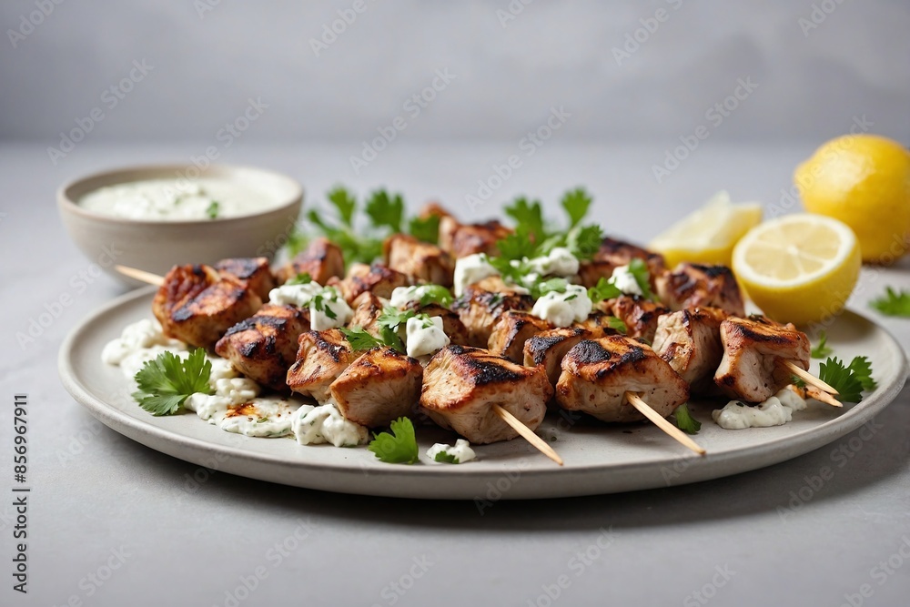 Greek Cuisine Souvlaki: an overhead view of a minimalist Souvlaki platter. Greek Cuisine Souvlaki: an overhead view of a minimalist Souvlaki platter.