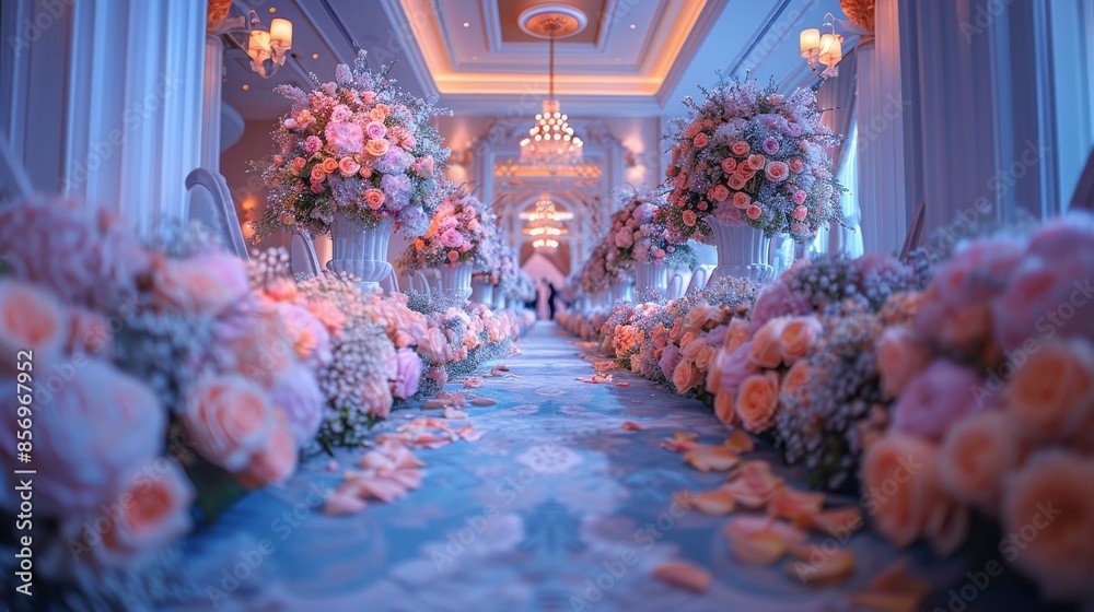 Fototapeta premium Blue-hued lighting elevates the floral lined wedding pathway to dreamy heights.