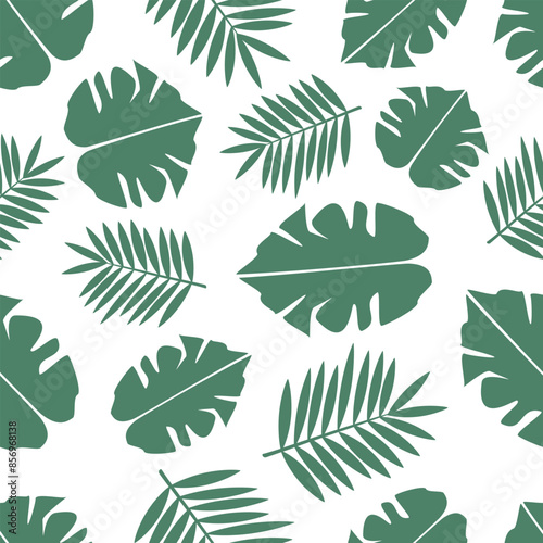 Seamless pattern tropical green palm and monstera leaves on white background - vector flat illustration for textile, wallpaper, web design, packaging.