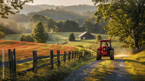 A red tractor is driving down a dirt road in a rural area photo