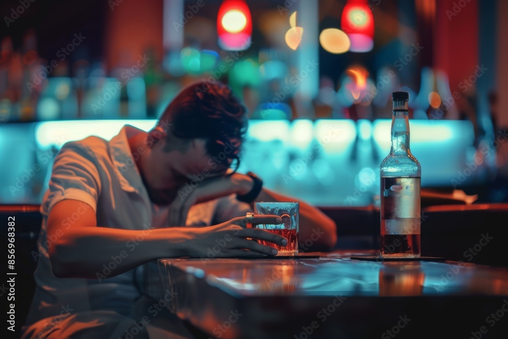 He is drunk of alcohol One man, sitting at the bar counter alone, he has drinking problems He is drunk of alcohol One man, sitting at the bar counter alone, he has drinking problems