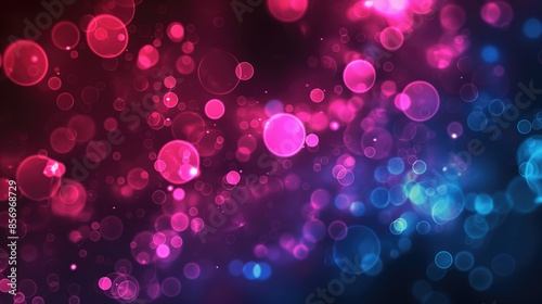 A dark background with pink and blue glowing circles. 