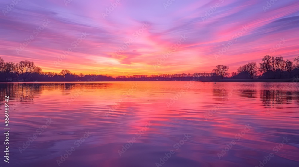 Obraz premium vibrant sunset casting a myriad of purple, pink, and orange hues over a serene lake, with silhouetted trees on the horizon reflecting on the tranquil water surface.