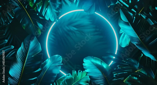 Green neon frame with a fluorescent circle, in tropical leaves. Seamless cyclic background overlay of virtual video animation in 4k format.