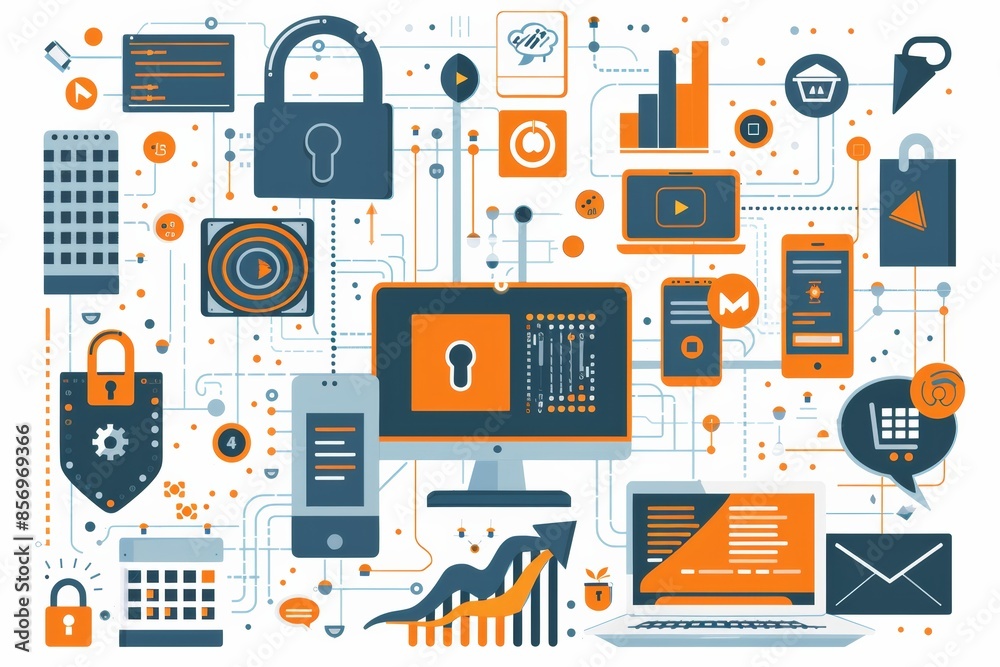 cyber resilience flat illustration showing network of interconnected devices and systems protected by robust security measures like firewall, encryption cyber resilience flat illustration showing network of interconnected devices and systems protected by robust security measures like firewall, encryption