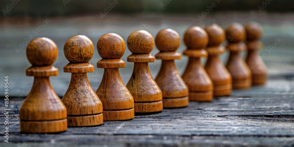 Close-up of wooden pawns lined up on a wooden table, symbolizing strategy and teamwork in games. Close-up of wooden pawns lined up on a wooden table, symbolizing strategy and teamwork in games.