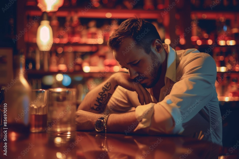 Heavy drinking in bar One man, sitting at the bar counter alone, he has drinking problems Heavy drinking in bar One man, sitting at the bar counter alone, he has drinking problems