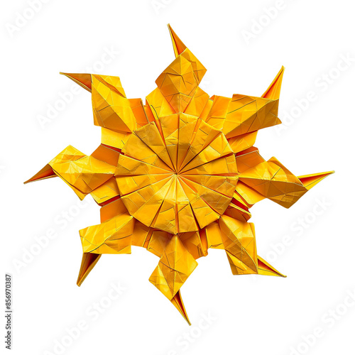Angled view of a yellow origami sun isolated on a flat white transparent background