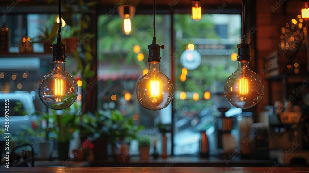 Obraz premium Three vintage light bulbs hang over a cafe setting, emanating a warm glow.
