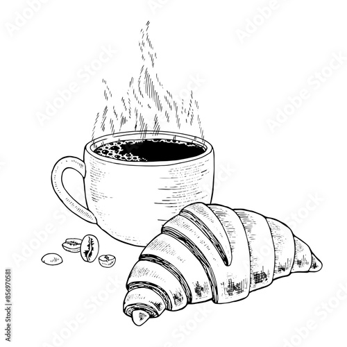 Coffee with Croissant Vector hand drawn illustration. Espresso cup with bun. Vintage white and black line art drawing on background. Food sketch for graphic design. Clipart of drink and dessert