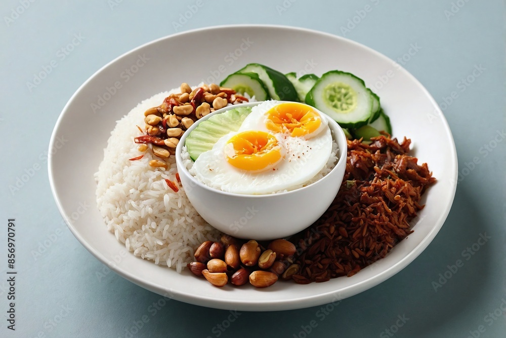 Malaysian Cuisine Nasi Lemak Plate: An overhead shot of a minimalist Nasi Lemak plate. Malaysian Cuisine Nasi Lemak Plate: An overhead shot of a minimalist Nasi Lemak plate.