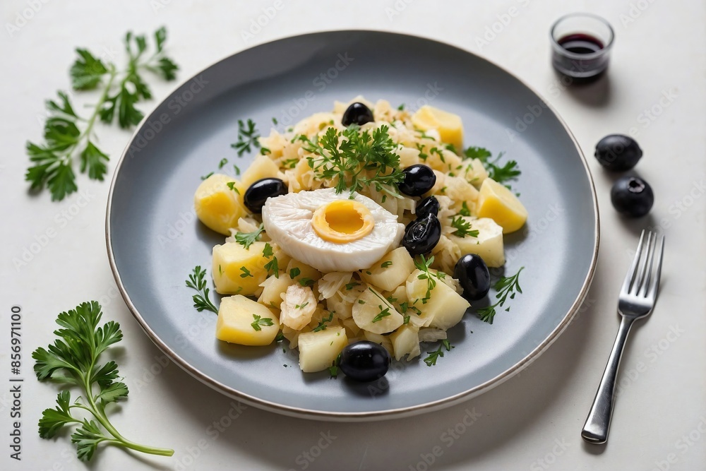 Portuguese Cuisine Bacalhau à Brás: An overhead shot of a minimalist Bacalhau à Brás presentation. Portuguese Cuisine Bacalhau à Brás: An overhead shot of a minimalist Bacalhau à Brás presentation.