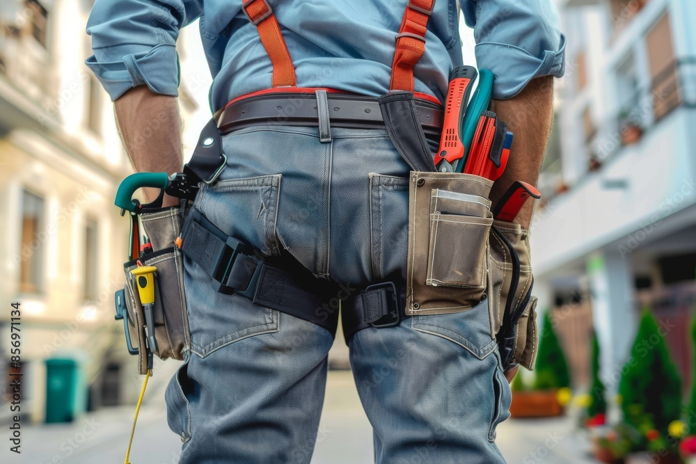 Worker with tool belt Close-up photo of a construction worker with tool belt Worker with tool belt Close-up photo of a construction worker with tool belt