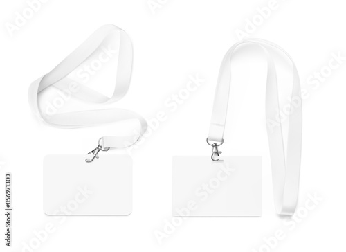 Set of lanyards with id card. Vector illustration isolated on grey background. Ready mockup to use for for presentations, conferences and other business situations. EPS10.