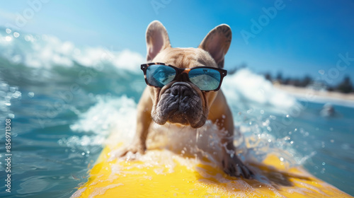 French bulldog, beige small dog surfing riding a wave in ocean, wearing sunglasses, bright sunny day.  Selective focus.