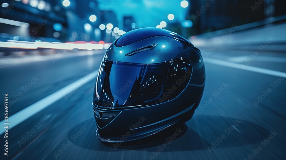 Fototapeta premium Sleek black motorcycle helmet on a city street at night with blurred lights, speed and motion concept