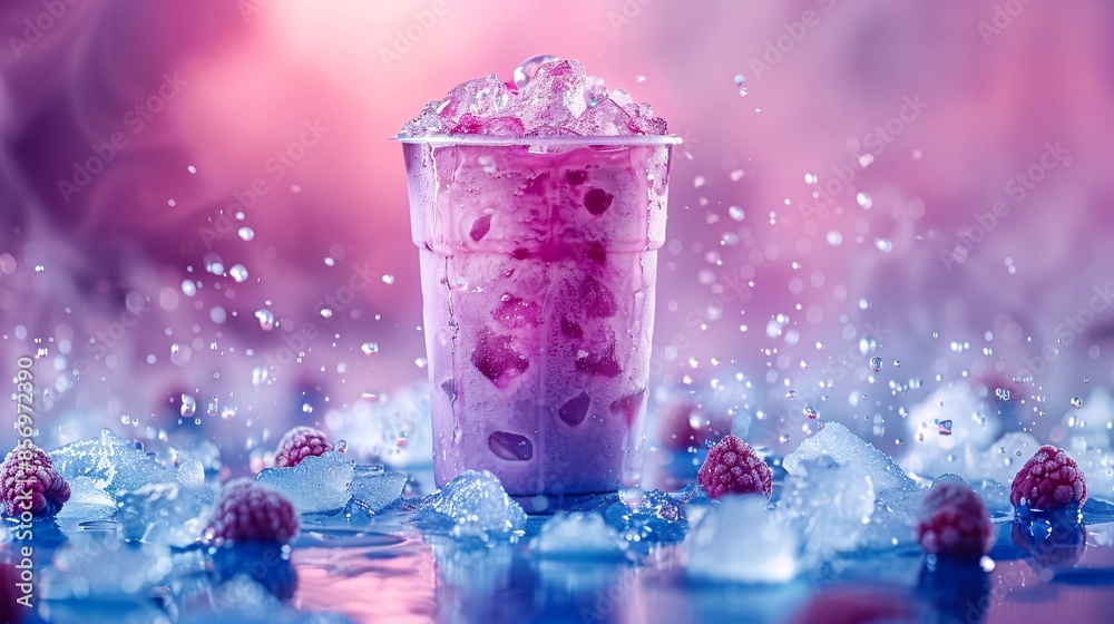 Refreshing Purple Berry Drink with Ice Cubes and Raspberries on a Vibrant Background Refreshing Purple Berry Drink with Ice Cubes and Raspberries on a Vibrant Background
