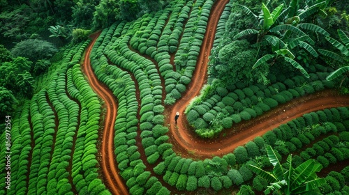 Aerial view of winding red paths through lush tea plantations on a hilly landscape. photo