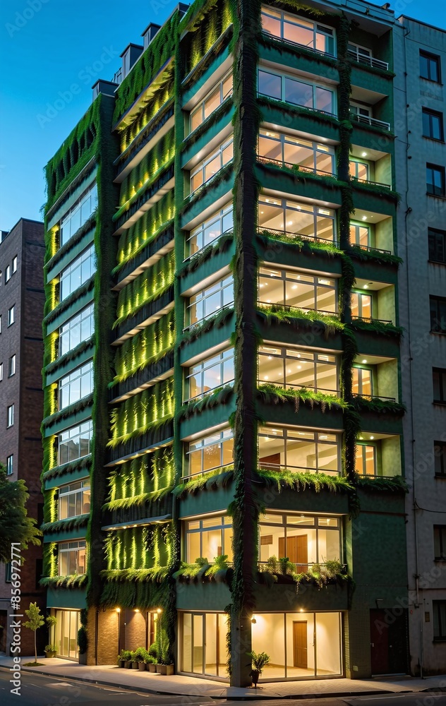 Obraz premium Inner-city residential building with a planted facade that regulates seasonal temperatures and creates an ecosystem for natural diversity