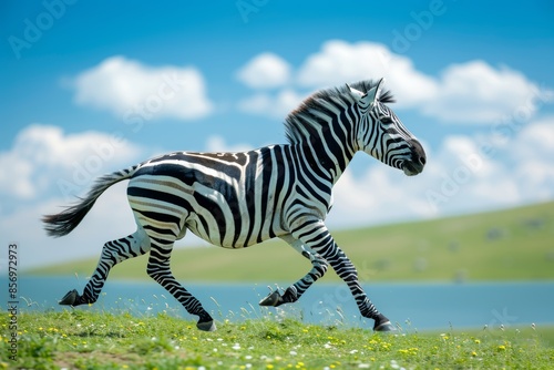 Graceful zebra galloping in a vibrant meadow under clear blue skies