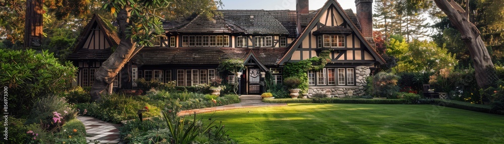 Beautiful home featuring Tudorstyle beams, intricate leaded glass windows, a classic thatched roof, and a lush cottage garden Beautiful home featuring Tudorstyle beams, intricate leaded glass windows, a classic thatched roof, and a lush cottage garden