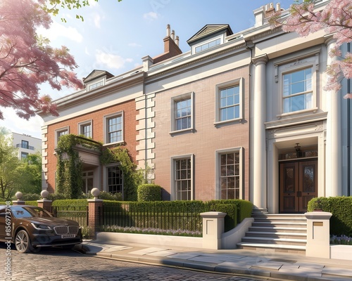 Inviting Georgian townhouse featuring sash windows, a symmetrical design, and a traditional portico, creating a sophisticated appearance