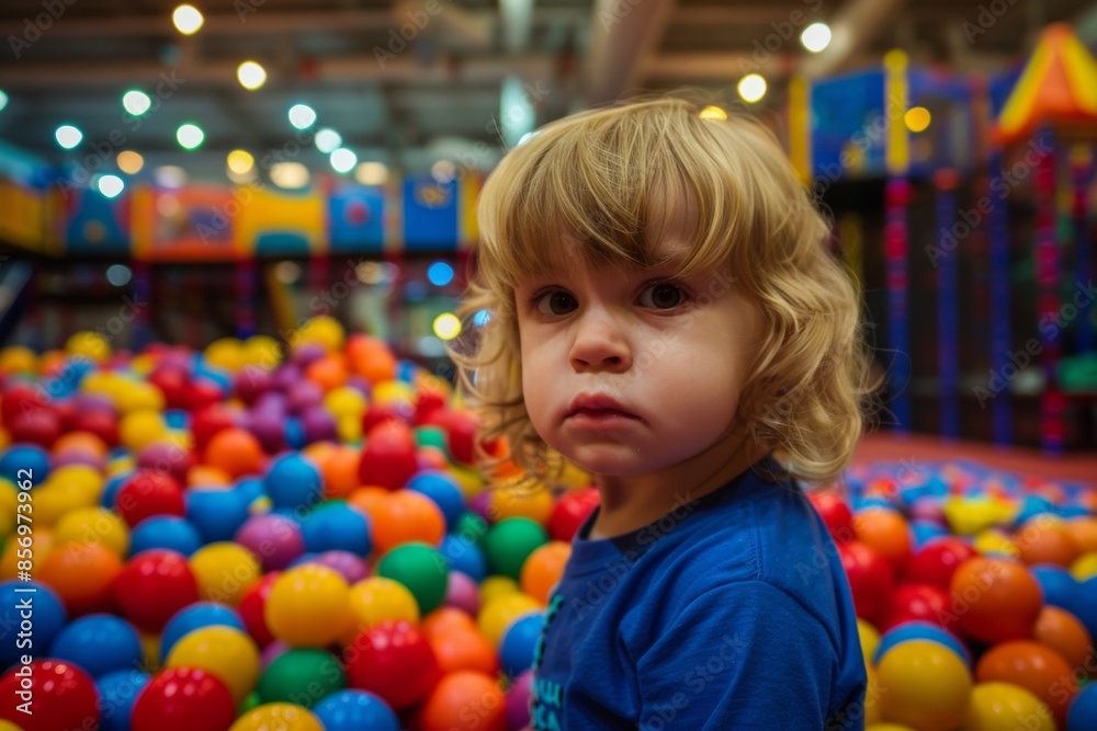 Fototapeta premium Curious toddler exploring a colorful indoor ball pit playground