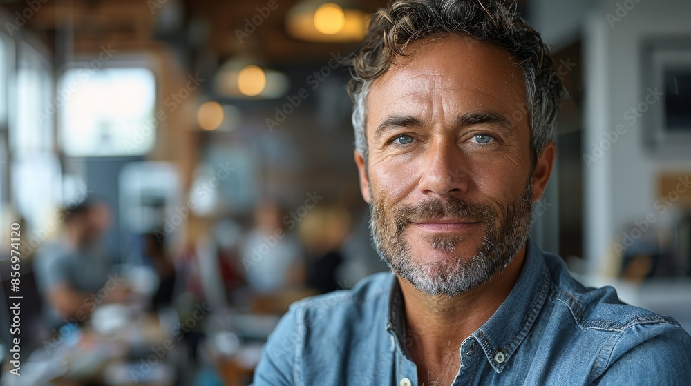 A middle-aged man with a greying beard and hair, wearing a denim shirt, posing confidently in a modern, well-lit workspace with people working in the background. A middle-aged man with a greying beard and hair, wearing a denim shirt, posing confidently in a modern, well-lit workspace with people working in the background.