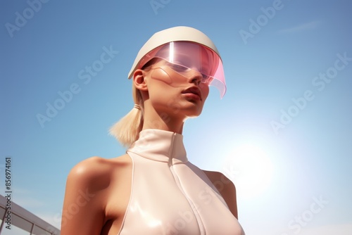 A futuristic fashion model wearing a shiny, high-collared outfit and a sleek, visor-like helmet, standing out against a clear blue sky, embodying modern futuristic trends. photo