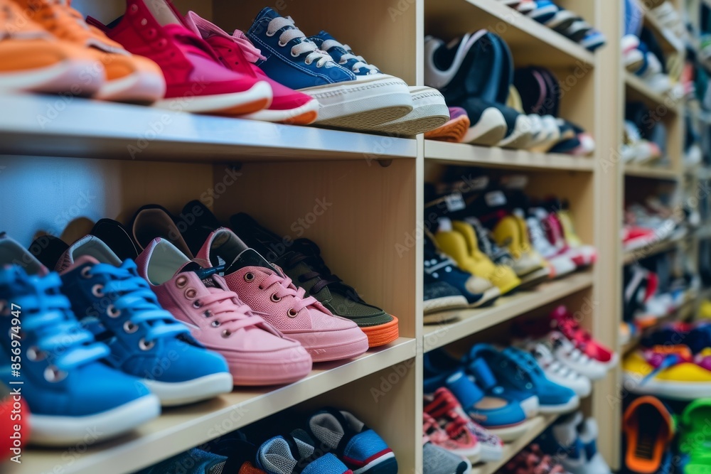 Shoe shelf in preschool Different kinds of kids shoes in a row at a shelf in preschool Shoe shelf in preschool Different kinds of kids shoes in a row at a shelf in preschool